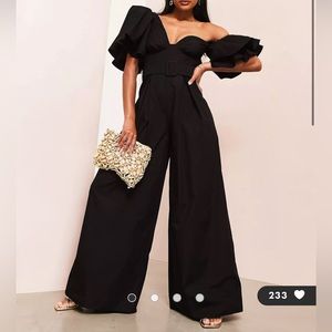ASOS LUXE one shoulder belted poplin wide leg jumpsuit in black size 4